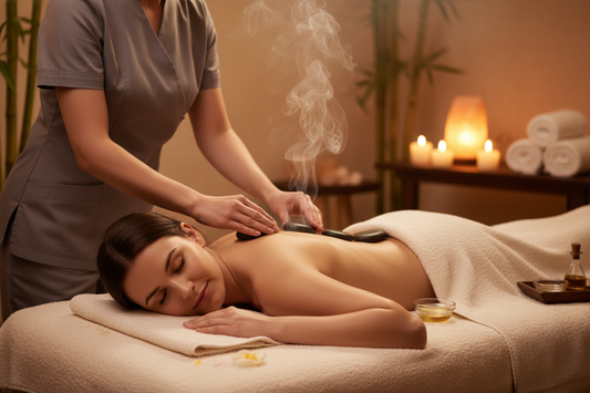 “Ambiente spa cálido y sereno donde un terapeuta coloca cuidadosamente piedras volcánicas calientes sobre la espalda de un cliente recostado. La habitación está iluminada con luz tenue y velas aromáticas; el vapor suave y los aceites esenciales crean una atmósfera de relajación profunda. El terapeuta utiliza piedras lisas y oscuras para realizar maniobras lentas y deslizantes, combinando calor terapéutico y masoterapia para aliviar tensiones musculares y promover el equilibrio energético. La escena transmit