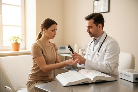 Hiperhidrosis (sudoración excesiva) a un paciente real con paredes cremas y uan doctor/a