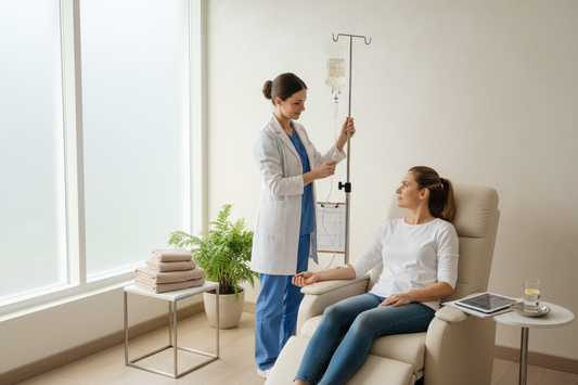 Suero detox a un paciente real con paredes cremas