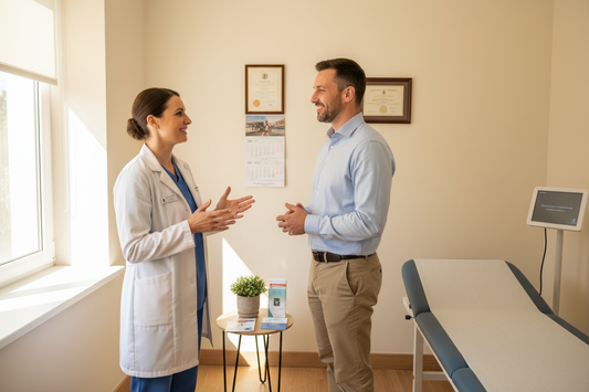 terapia de seguimiento medico a un paciente real de pie conversando con paredes cremas