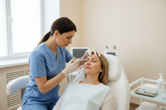 Toxina botulínica (Botox) a un paciente real con paredes cremas y doctor/a