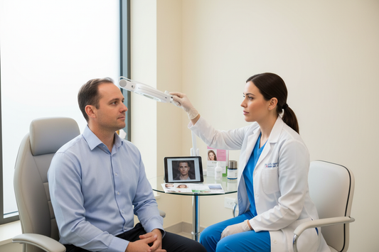 Tratamiento para la Caída del Cabello a un paciente hombre real con paredes cremas y doctor/a